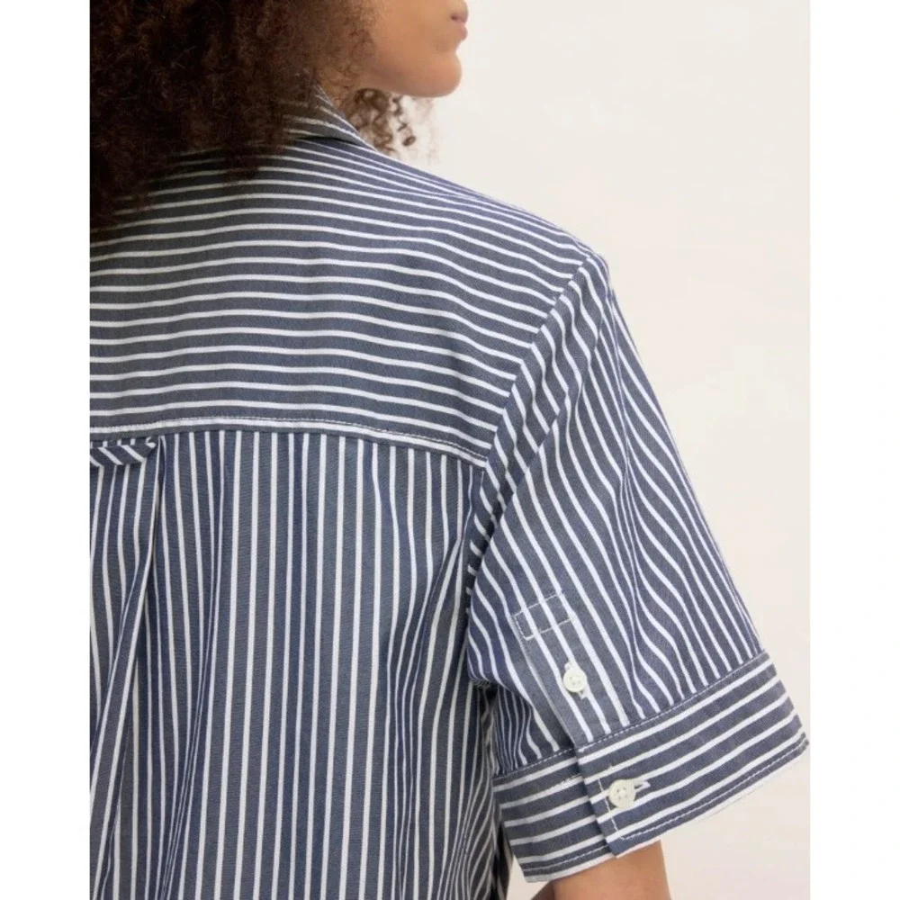 Everlane Daytripper Navy White Striped Cotton Shirt Dress High-Low Lagenlook XS - Picture 4 of 12